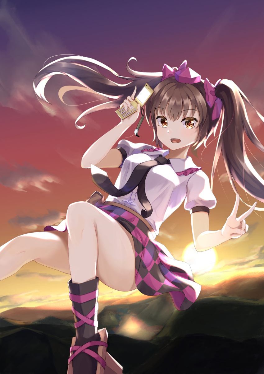 1girl black_necktie bow breasts brown_eyes brown_hair buttons cellphone checkered_clothes checkered_skirt cloud convenient_leg fanny_pack flip_phone floating floating_hair foot_out_of_frame frilled_shirt_collar frills geta gradient_sky hair_bow hands_up hat highres himekaidou_hatate holding holding_phone leg_ribbon light_blush long_hair looking_at_viewer medium_breasts miniskirt mountainous_horizon necktie orange_sky outdoors paintbrush phone puffy_short_sleeves puffy_sleeves purple_bow purple_headwear ribbon shirt short_sleeves skirt sky socks solo sunset thighs tokin_hat touhou twilight twintails urochii_(ju2ti6jgpt) v white_shirt
