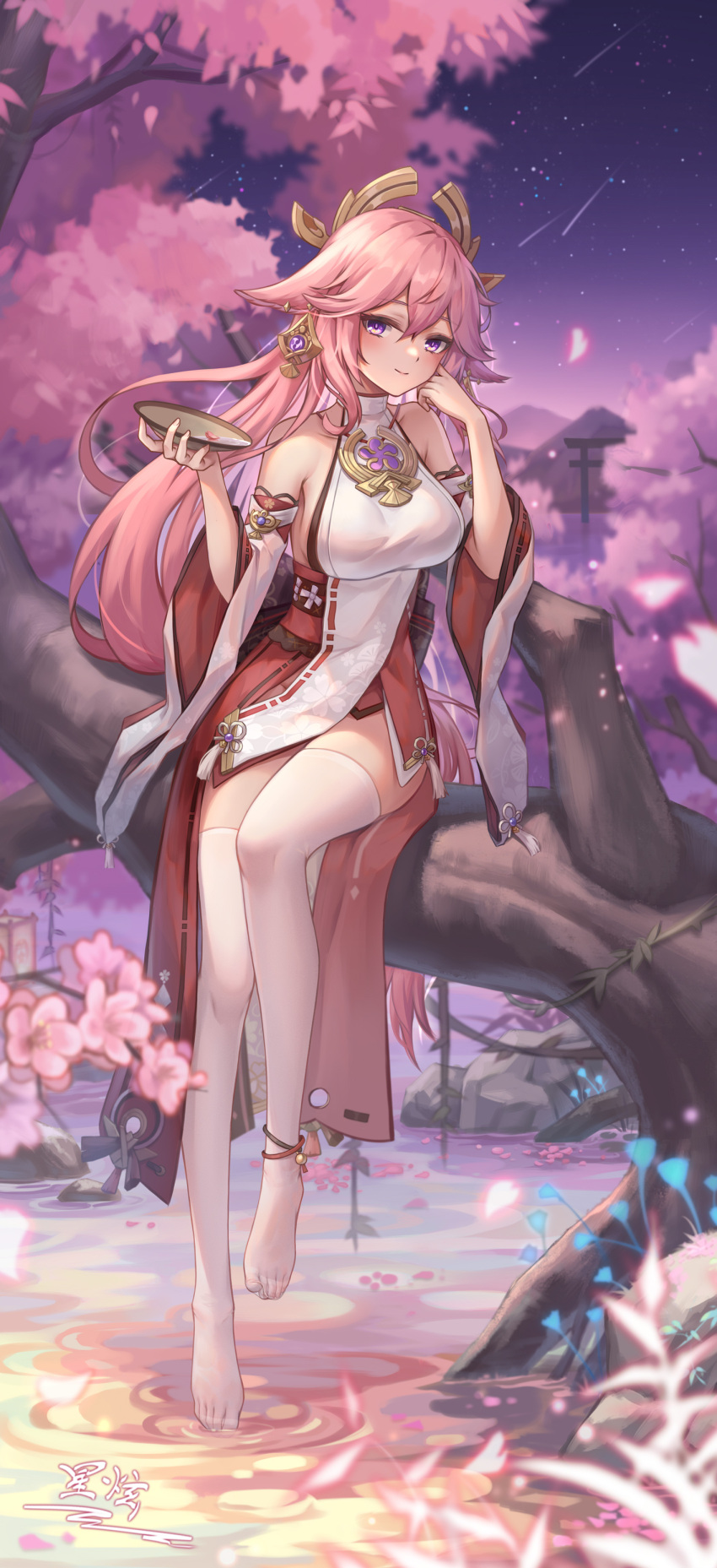 1girl absurdres animal_ears ankle_bell bare_shoulders bell breasts cheek_rest cherry_blossoms chinese_commentary closed_mouth commentary_request cup detached_sleeves earrings falling_petals floppy_ears fox_ears full_body genshin_impact hair_ornament hakama hakama_skirt hand_on_own_face highres holding holding_cup in_tree japanese_clothes jewelry jingle_bell large_breasts long_hair looking_at_viewer low-tied_long_hair no_shoes nontraditional_miko outdoors paid_reward_available petals pink_hair red_skirt ripples sakazuki shirt sitting sitting_in_tree skirt sky sleeveless sleeveless_shirt smile solo star_(sky) starry_sky thighhighs torii tree turtleneck water white_shirt white_sleeves white_thighhighs wide_sleeves yae_miko yelan_xing_xuan