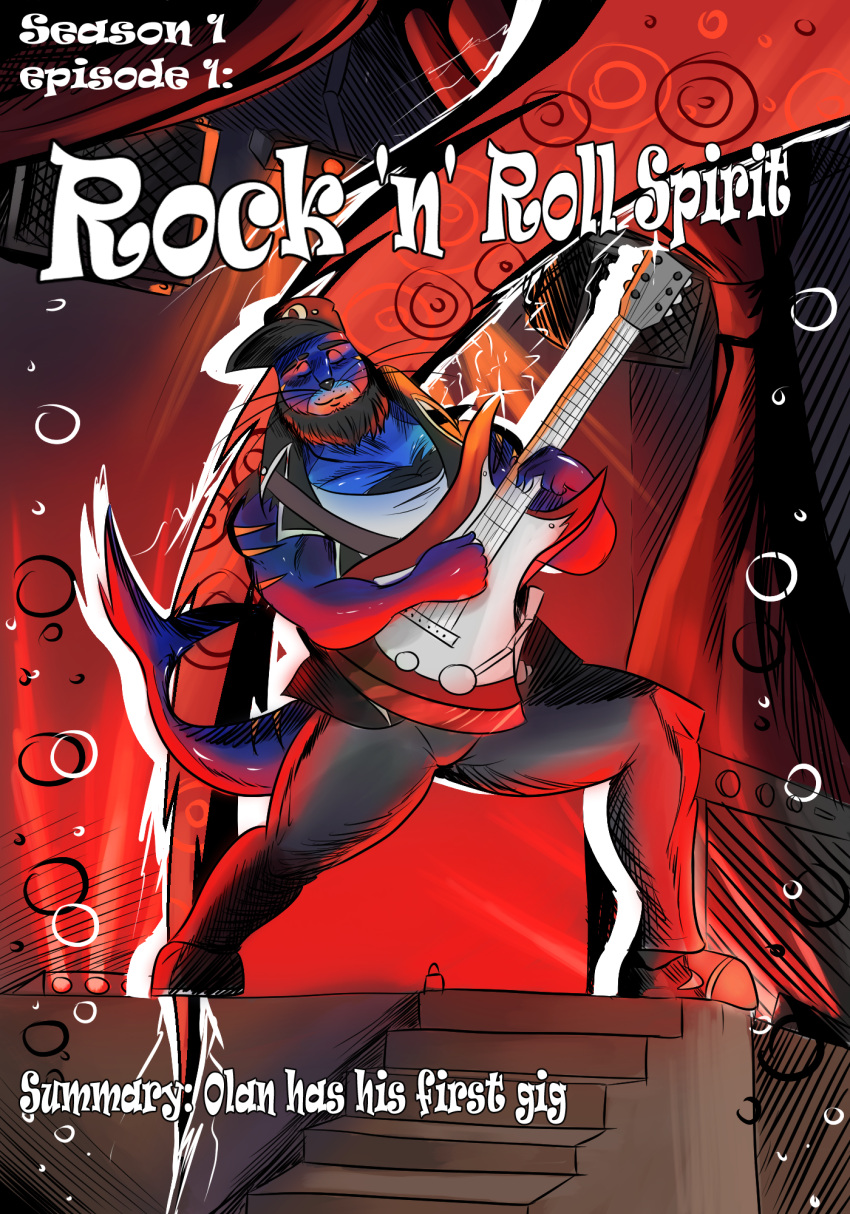 anthro book comic cover electric_guitar gig guitar hi_res humanoid hunkinkalv male mammal marine music musical_instrument olan_pagnus pinniped plucked_string_instrument rock_(genre) seal solo story string_instrument