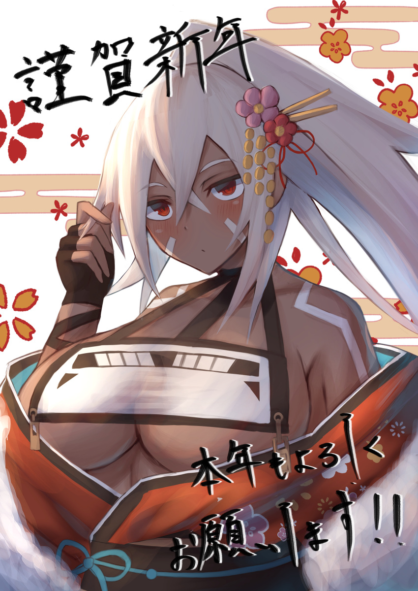 1girl absurdres azur_lane bangs blush bodypaint breast_curtain breasts brown_gloves brown_sash closed_mouth commentary_request crossed_bangs dark-skinned_female dark_skin egasumi eto_mitsuba expressionless facepaint fingerless_gloves flower gloves hair_between_eyes hair_flower hair_ornament hair_stick happy_new_year high_ponytail highres japanese_clothes kimono large_breasts long_hair looking_at_viewer minneapolis_(azur_lane) obi off_shoulder orange_kimono pink_flower red_eyes red_flower sash solo tan translation_request underboob upper_body very_long_hair white_background white_hair
