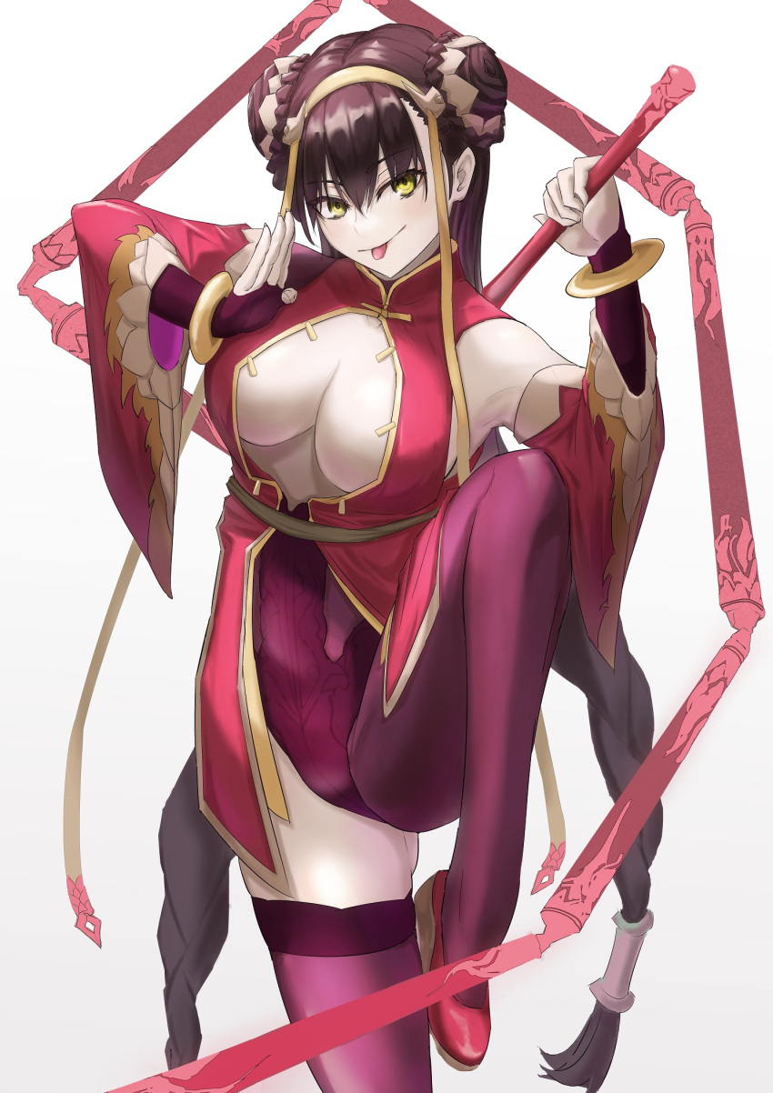 1girl :p asymmetrical_clothes braid breasts center_opening chinese_clothes cleavage commentary detached_sleeves double_bun dress fate/grand_order fate_(series) gold_trim hair_between_eyes hair_bun hair_ornament highleg highres holding holding_weapon kugiseiichi kung_fu large_breasts leg_up long_hair looking_at_viewer multiple_braids no_bra official_alternate_costume purple_thighhighs red_dress red_footwear simple_background single_pantsleg single_thighhigh solo standing standing_on_one_leg thighhighs thighs tongue tongue_out very_long_hair weapon white_background xuangzang_sanzang_(dancing_on_lotus_blossom)_(fate) xuangzang_sanzang_(fate) yellow_eyes
