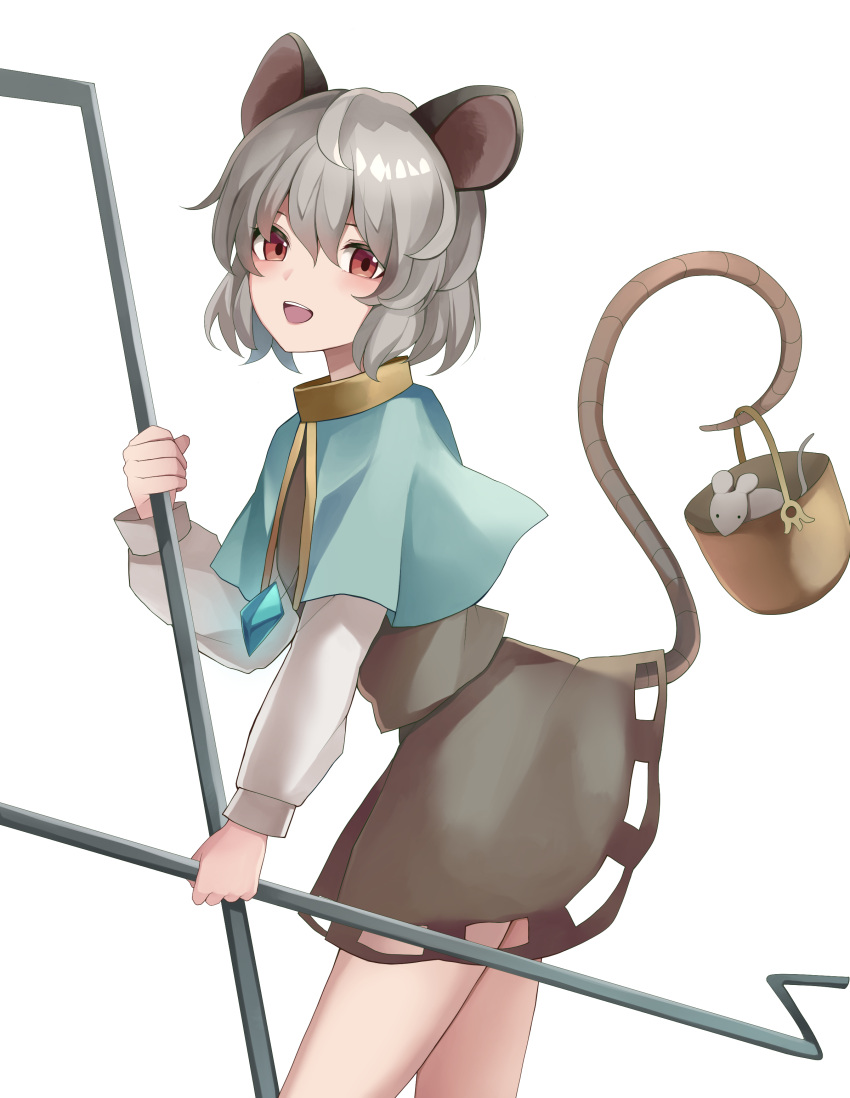 1girl absurdres animal animal_ears black_skirt black_vest blue_capelet blush capelet dowsing_rod grey_hair hair_between_eyes highres holding jewelry koizumo long_sleeves mouse mouse_ears mouse_tail nazrin open_mouth pendant red_eyes short_hair simple_background skirt smile solo tail touhou vest white_background