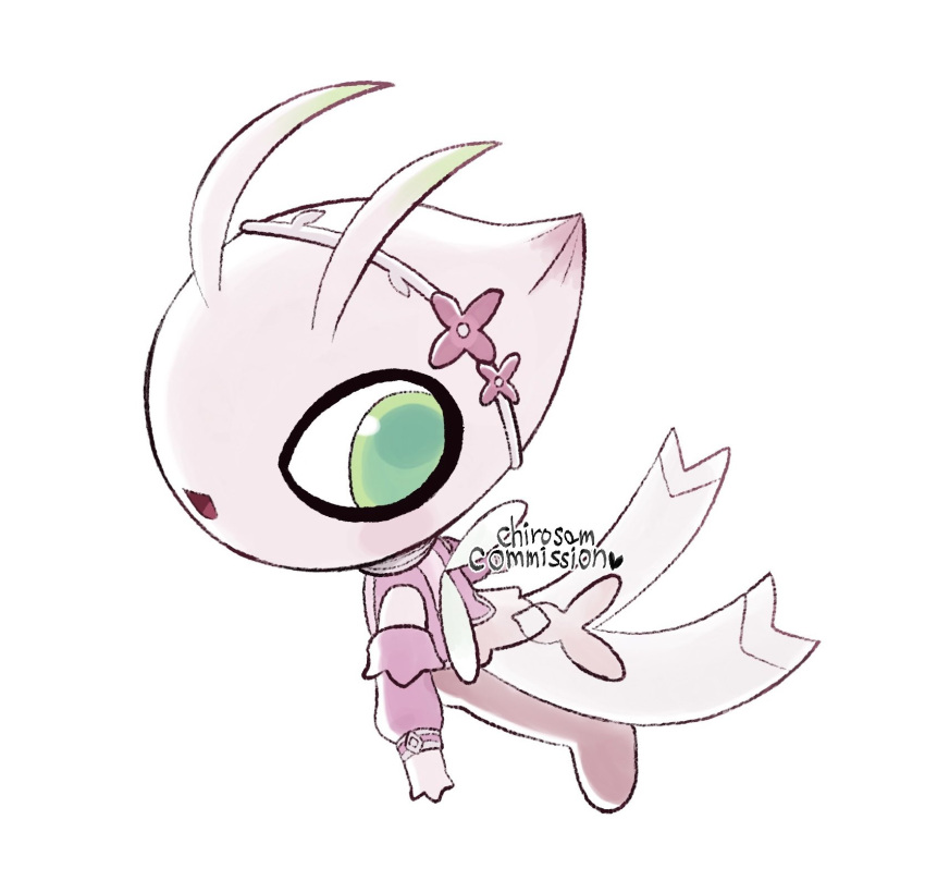 :d alternate_color artist_name celebi chirosamu clothed_pokemon commentary_request commission full_body green_eyes happy heart highres looking_back no_humans open_mouth pokemon pokemon_(creature) shiny_pokemon signature simple_background smile white_background