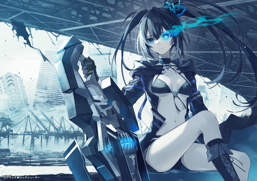 1girl bangs bikini bikini_top_only black_bikini black_choker black_gloves black_hair black_rock_shooter black_rock_shooter_(character) black_rock_shooter_fragment blue_footwear boots breasts choker closed_mouth flaming_eye gloves highres holding holding_weapon knee_boots long_hair navel official_art oshio_(dayo) shorts sitting small_breasts swimsuit twintails weapon