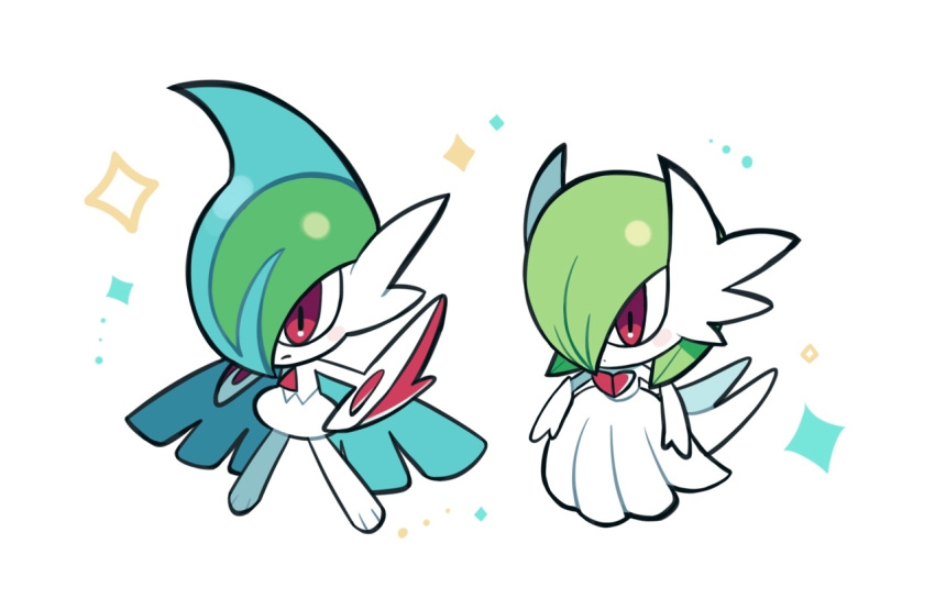 bangs chibi chirosamu closed_mouth colored_skin commentary_request gallade gardevoir green_hair legs_apart mega_gallade mega_gardevoir mega_pokemon pokemon pokemon_(creature) red_eyes simple_background sparkle standing white_background white_skin
