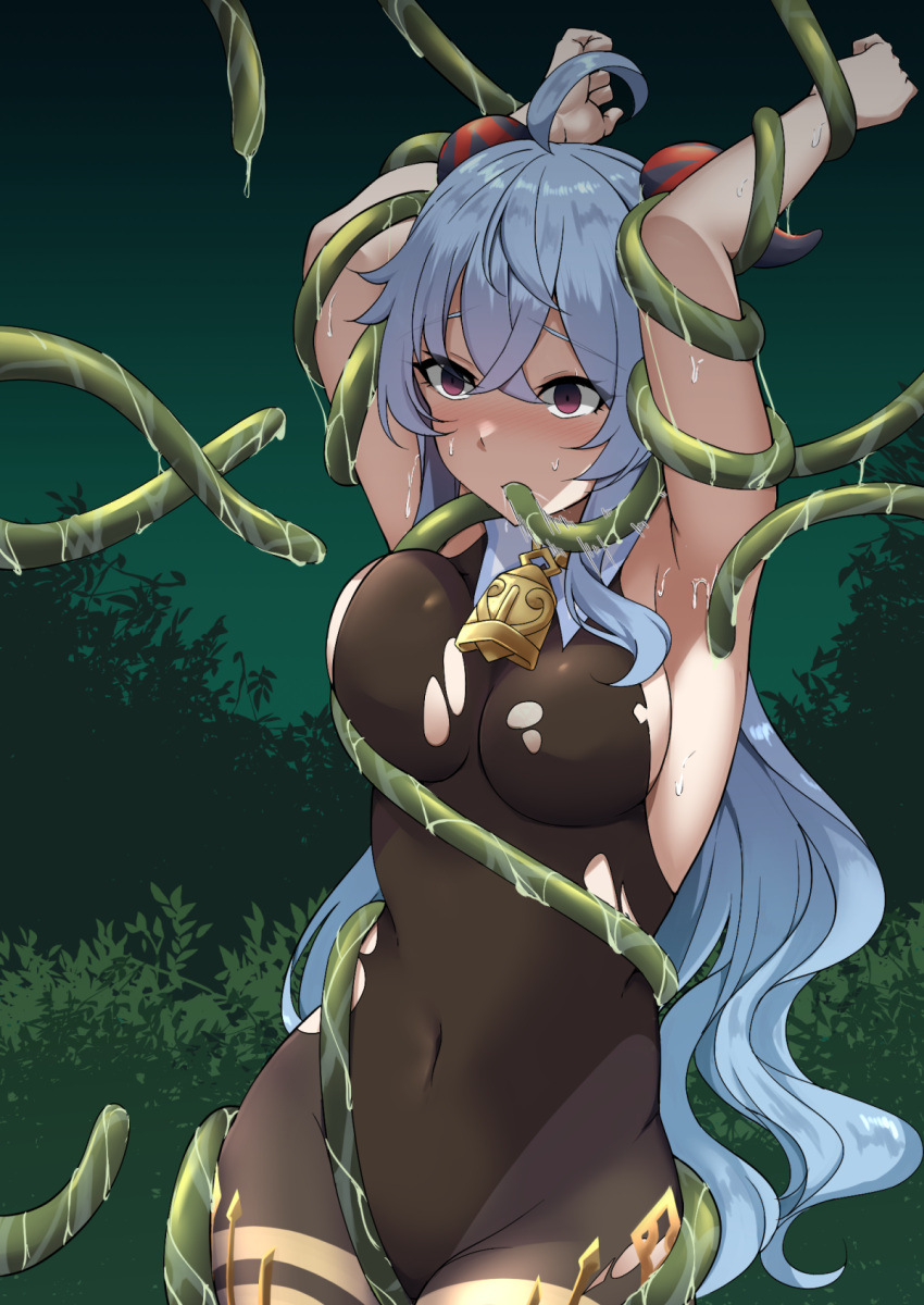 1girl 4tb_(4tera_byte) ahoge armpits arms_up bangs bell black_bodysuit blue_hair blurry blush bodysuit bound bush commentary_request covered_navel depth_of_field ganyu_(genshin_impact) genshin_impact hair_between_eyes highres horns long_hair looking_at_viewer looking_away mouth_hold neck_bell night night_sky purple_eyes restrained sidelocks sky sleeveless solo surprised tentacles tied_up_(nonsexual) torn_clothes