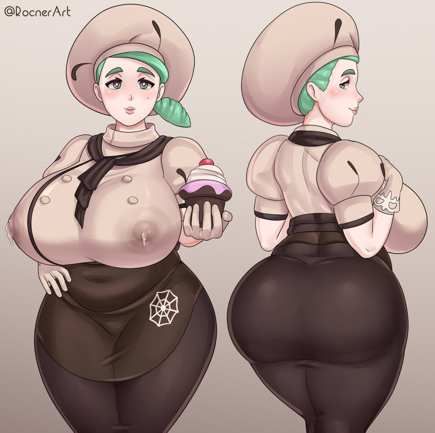 1girl artist_name ass blush breasts cupcake food green_eyes green_hair hat highres huge_ass huge_breasts katy_(pokemon) lactation lactation_through_clothes large_breasts mature_female mole mole_under_eye pokemon pokemon_(game) pokemon_sv rocner scarf solo thick_thighs thighs