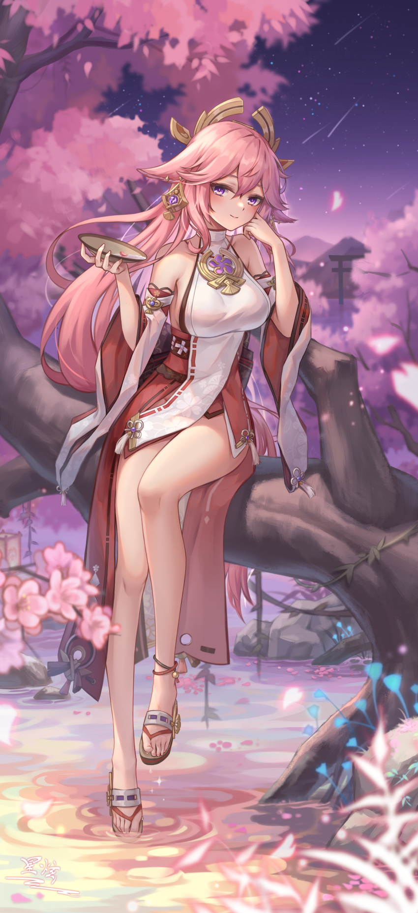 1girl absurdres animal_ears ankle_bell bare_legs bare_shoulders bell breasts cheek_rest cherry_blossoms chinese_commentary closed_mouth commentary_request cup detached_sleeves earrings falling_petals floppy_ears fox_ears full_body genshin_impact hair_ornament hakama hakama_skirt hand_on_own_face highres holding holding_cup in_tree japanese_clothes jewelry jingle_bell large_breasts legs long_hair looking_at_viewer low-tied_long_hair nontraditional_miko outdoors paid_reward_available petals pink_hair red_skirt ripples sakazuki shirt shooting_star sitting sitting_in_tree skirt sky sleeveless sleeveless_shirt slippers smile solo star_(sky) starry_sky thighs torii tree turtleneck water white_shirt white_sleeves wide_sleeves yae_miko yelan_xing_xuan