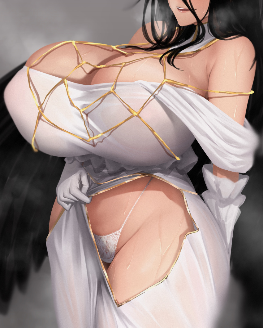 1girl absurdres albedo_(overlord) bare_shoulders black_hair black_wings breasts cleavage clothes_pull demon_girl dress dress_pull feathered_wings feathers gloves heavy_breathing highres huge_breasts kumako_(kumakonoh) long_hair off-shoulder_dress off_shoulder open_mouth overlord_(maruyama) panties simple_background smile solo steam sweat thick_thighs thighs underwear white_dress white_gloves white_panties wings