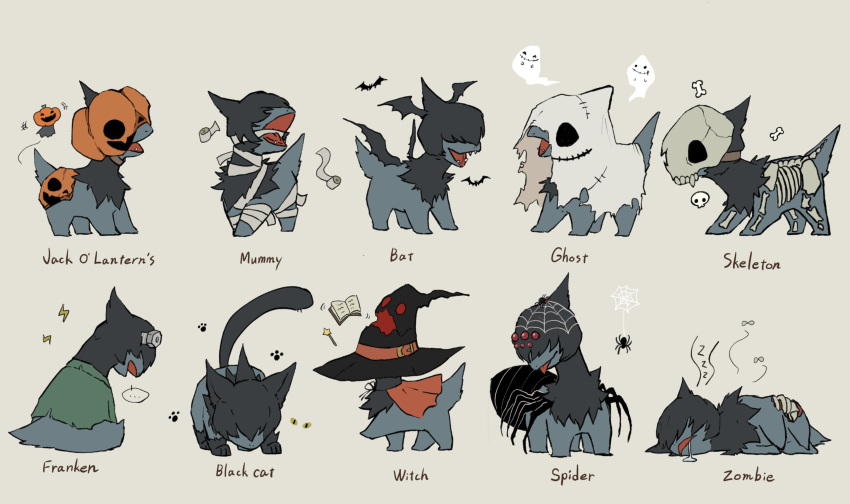 +++ absurdres bandages bat_(animal) bat_wings black_headwear book bug deino_(pokemon) fangs fly ghost_costume grey_background halloween halloween_costume hat hatted_pokemon highres jack-o'-lantern oimo_kenpi open_mouth paw_print pokemon skull sleeping wand wings witch_hat zzz