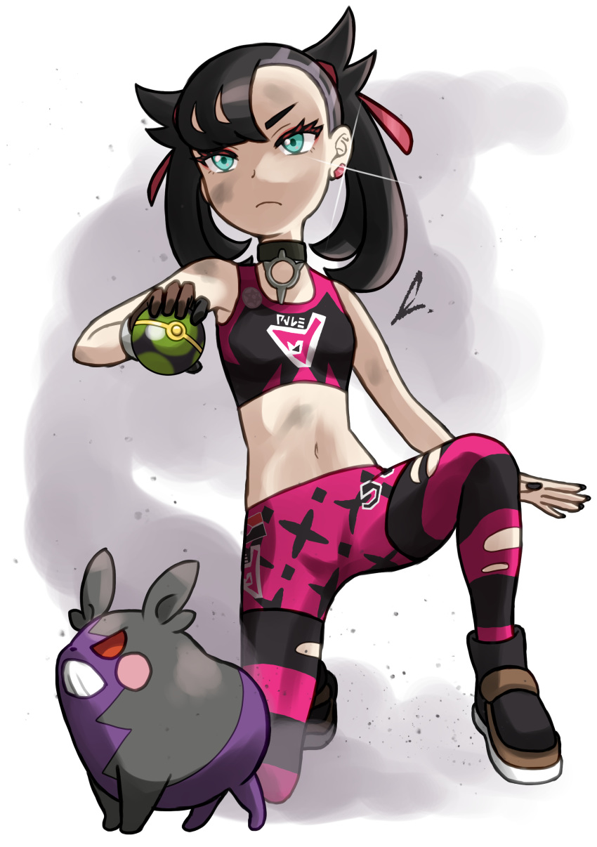 1girl absurdres asymmetrical_bangs bangs black_collar black_footwear black_hair black_nails closed_mouth collar commentary_request dirty dusk_ball earrings frown fubo_(fubo_0623) green_eyes hair_ribbon highres holding holding_poke_ball jewelry leggings marnie_(pokemon) midriff morpeko morpeko_(hangry) nail_polish navel one_knee poke_ball pokemon pokemon_(creature) pokemon_(game) pokemon_swsh red_ribbon ribbon shoes sports_bra torn_leggings