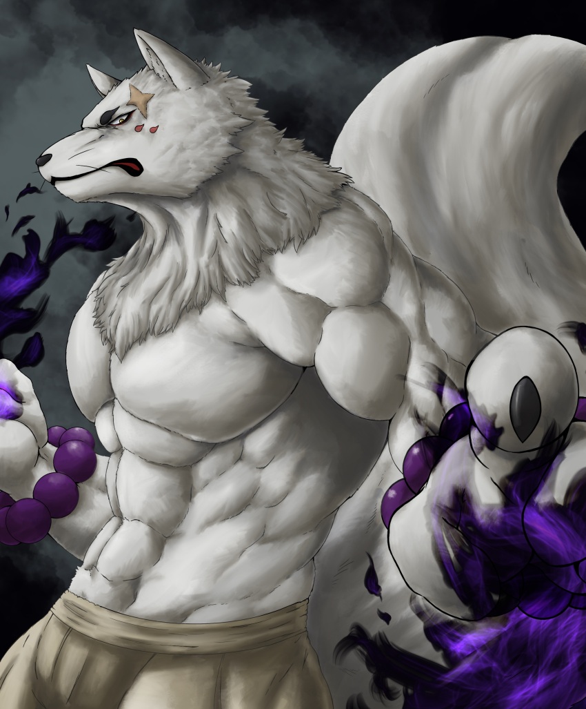 2021 absurd_res anthro asian_clothing biped black_nose canid canine chibikoma claws clothed clothing colored_fire deity digital_media_(artwork) fire fox fur gingitsune gintaro hi_res looking_at_viewer male mammal muscular muscular_anthro muscular_male orange_eyes purple_fire solo white_body white_fur white_tail