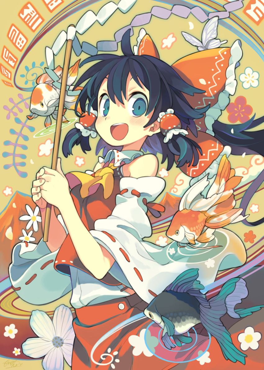 1girl absurdres ascot black_hair blue_eyes daisy detached_sleeves fish flower flying_fish gohei hair_tubes hakurei_reimu happy highres holding morino_hon red_skirt skirt smile solo teeth touhou undershirt upper_teeth yellow_ascot