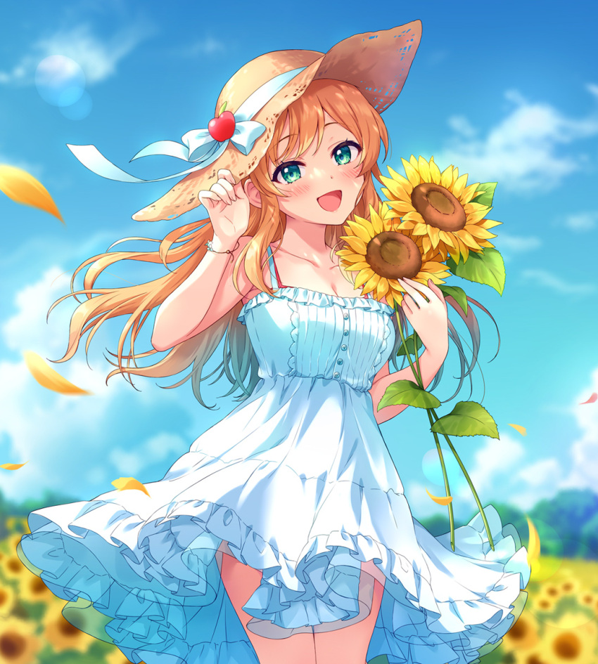 1girl bangs bare_shoulders blonde_hair blue_sky blush bow breasts cleavage dress flower green_eyes hat hat_bow hat_ornament highres holding holding_clothes holding_flower holding_hat indie_virtual_youtuber large_breasts long_hair looking_at_viewer mikami_(mcm_ncb) open_mouth outdoors ritorun_(vtuber) sky sleeveless sleeveless_dress smile solo sunflower sunflower_petals virtual_youtuber white_dress