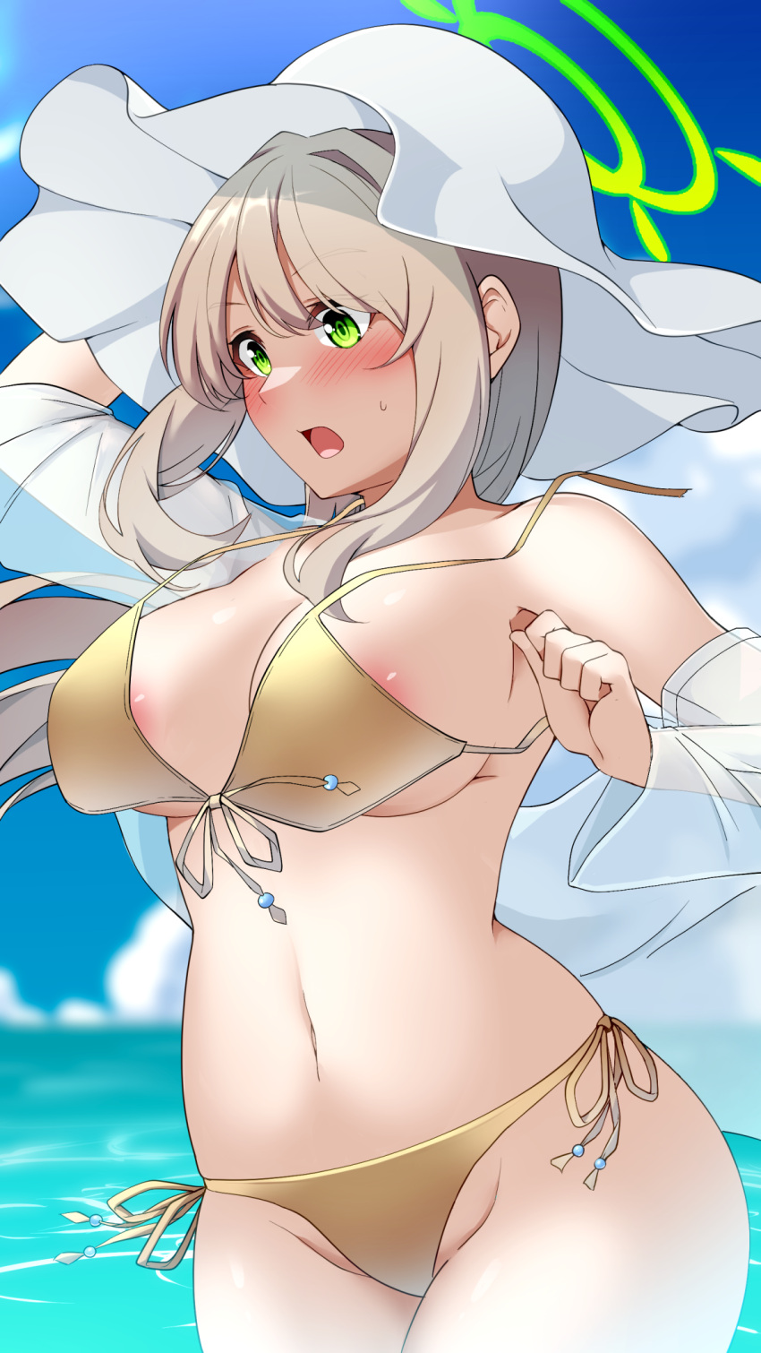 1girl 4tb_(4tera_byte) adjusting_clothes adjusting_headwear areola_slip armpits bangs bikini bikini_removed blue_archive blue_sky blurry blush breasts cleavage cloud cloudy_sky commentary_request depth_of_field groin hair_between_eyes halo hat highres horizon long_hair long_sleeves looking_away navel nonomi_(blue_archive) nonomi_(swimsuit)_(blue_archive) ocean official_alternate_costume one_side_up shirt side-tie_bikini_bottom sideboob sidelocks sky sleeveless solo stomach sun_hat surprised sweatdrop swimsuit white_shirt yellow_bikini