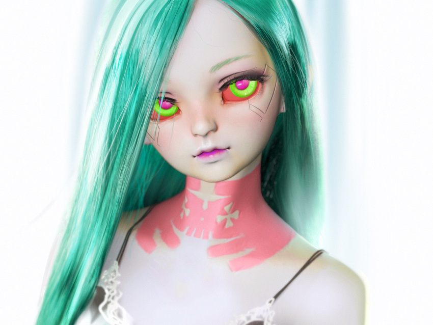 1girl 3d alternate_hairstyle alternate_skin_color bare_shoulders bra closed_mouth colored_sclera commentary cyberpunk_(series) cyberpunk_edgerunners english_commentary eyelashes green_eyes green_hair hair_over_one_eye head_tilt highres lace-trimmed_bra lace_trim long_hair looking_at_viewer neck_tattoo pink_pupils portrait purple_lips realistic rebecca_(cyberpunk) red_sclera solo spaghetti_strap straight_hair sweetonedollar tattoo underwear upper_body white_background zbrush_(medium)