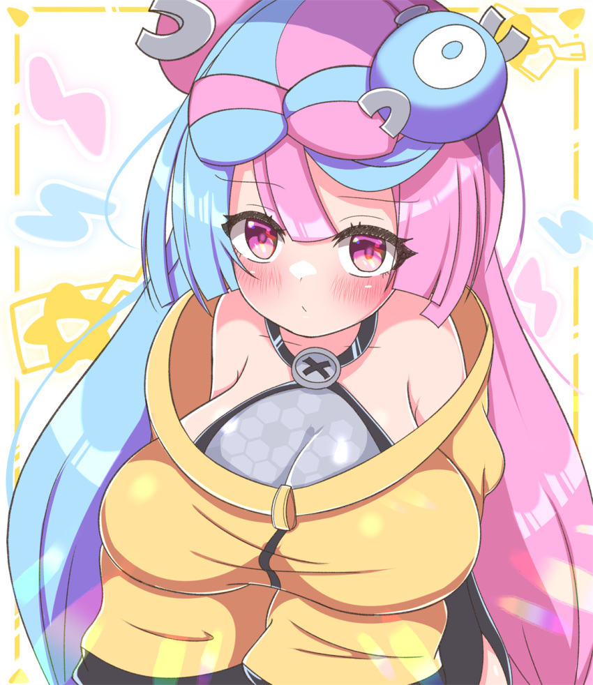 1girl asage_(asgsn) bangs blush bow-shaped_hair breasts character_hair_ornament closed_mouth hair_ornament hexagon_print highres huge_breasts iono_(pokemon) jacket looking_at_viewer magnemite multicolored_hair oversized_clothes pink_hair pokemon pokemon_(game) pokemon_sv sleeves_past_fingers sleeves_past_wrists solo split-color_hair two-tone_hair very_long_sleeves x yellow_jacket