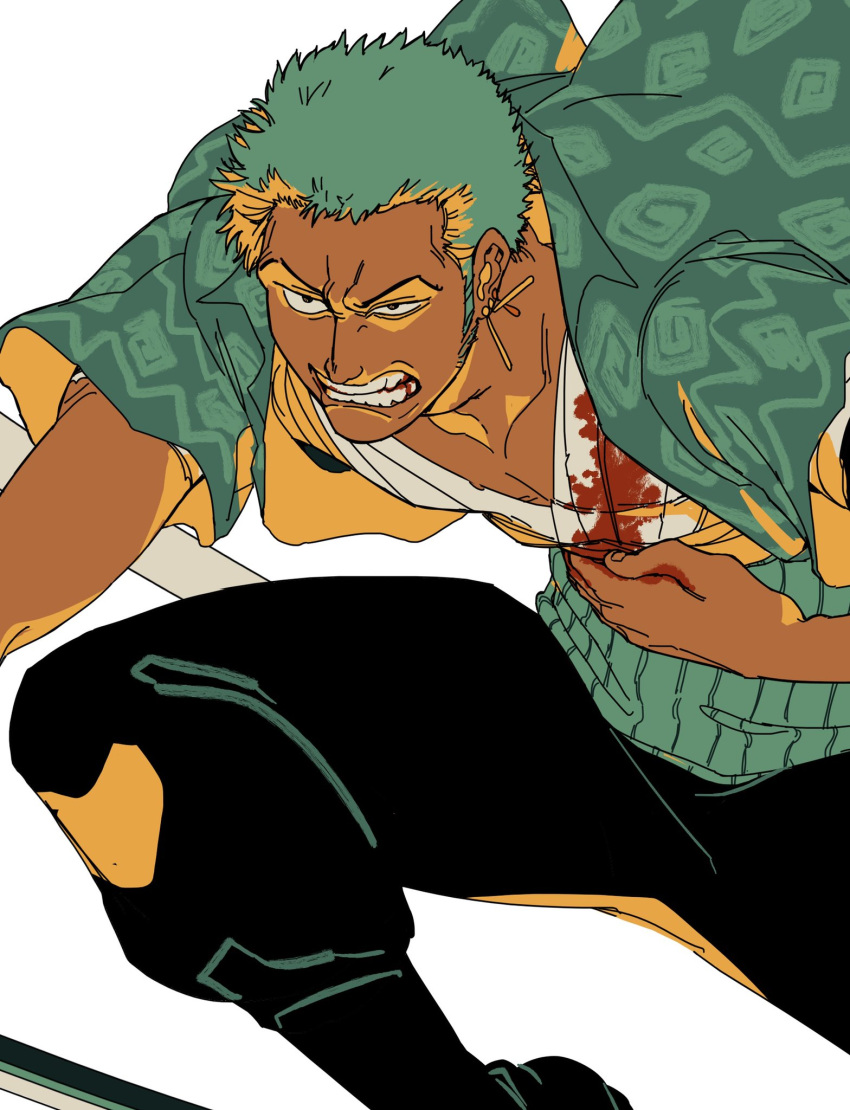 1boy blood blood_stain clenched_teeth cropped dark-skinned_male dark_skin fighting_stance frown green_hair highres injury landeg long_sideburns looking_to_the_side male_focus one_piece roronoa_zoro short_hair sideburns solo teeth