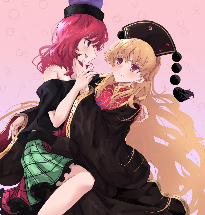 2girls bangs bare_shoulders black_dress blonde_hair blue_background blush breasts clothes_writing commentary_request dress fingernails frilled_skirt frills gold_trim hair_between_eyes hand_on_another's_face hecatia_lapislazuli highres junko_(touhou) long_hair long_sleeves looking_at_another looking_at_viewer medium_breasts multicolored_clothes multicolored_skirt multiple_girls neold off-shoulder_shirt off_shoulder phoenix_crown pink_background polos_crown red_eyes red_hair ribbon shirt sidelocks skirt smile t-shirt tabard tassel touhou underworld_(ornament) wide_sleeves yuri
