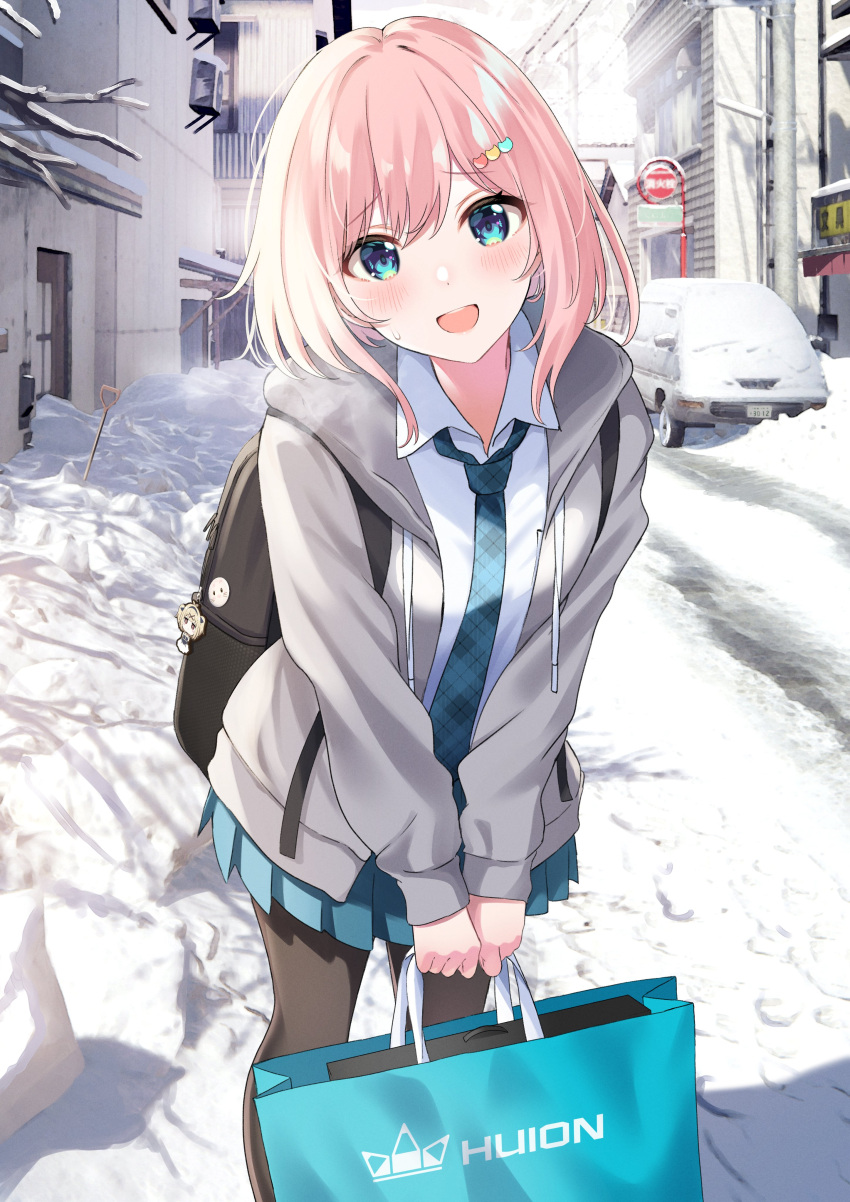 1girl absurdres backpack bag bangs blonde_hair blue_eyes carrying_bag feet_out_of_frame footprints hair_ornament hairclip heart heart_hair_ornament highres huion keychain looking_at_viewer necktie open_mouth original pantyhose pleated_skirt school_uniform shiokazunoko short_hair skirt smile snow solo