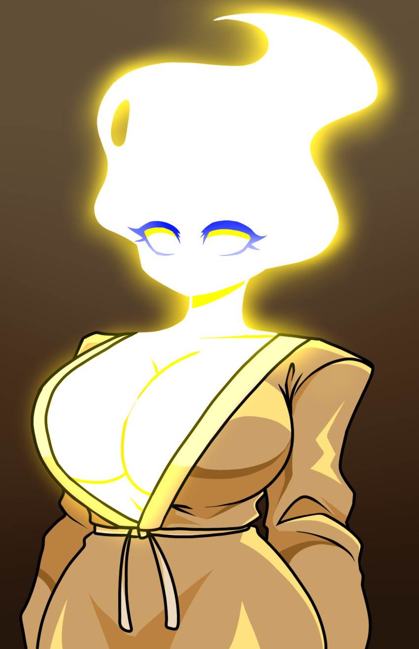 bathrobe big_breasts breasts cleavage clothed clothing elemental_creature elemental_humanoid female fire fire_creature fire_humanoid glowing glowing_body hi_res humanoid looking_at_viewer mouthless no_pupils open_clothing robe simple_background solo standing voideyedpanda yellow_body