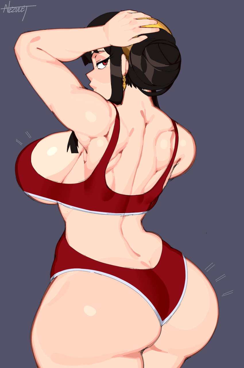 1girl absurdres arms_up ass black_hair grey_background hairband hand_in_own_hair highres long_hair looking_back muscular muscular_female nezulet red_eyes sidelocks simple_background solo sports_bra spy_x_family standing yor_briar