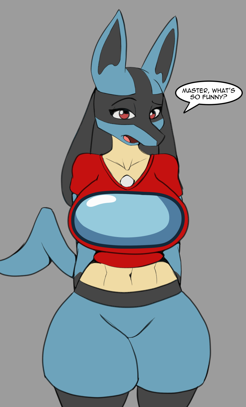absurd_res among_us anthro big_breasts breasts clothing female generation_4_pokemon hi_res innersloth lucario midriff nintendo pokemon pokemon_(species) shirt solo speech_bubble sprinkles_(artist) text topwear video_games wide_hips