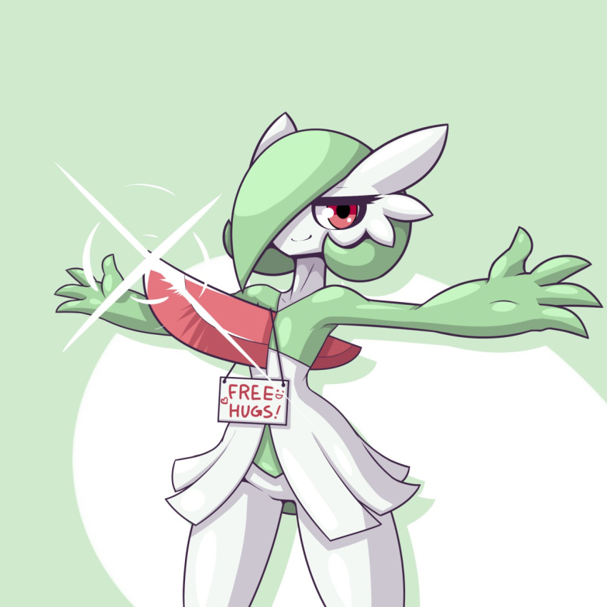 4_fingers ambiguous_gender anthro fingers free_hugs gardevoir generation_3_pokemon hi_res limebreaker meme nintendo pokemon pokemon_(species) red_eyes simple_background solo spread_arms video_games