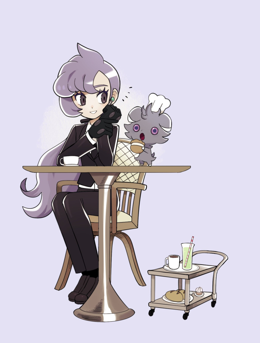 1girl anabel_(pokemon) bangs black_gloves black_jacket black_pants bread brown_eyes chair chef_hat chirosamu commentary_request cup drinking_straw earpiece espurr eyelashes food glass gloves hat hatted_pokemon highres holding jacket long_hair mug pants pokemon pokemon_(creature) pokemon_(game) pokemon_sm purple_hair shoes sitting smile table teacup