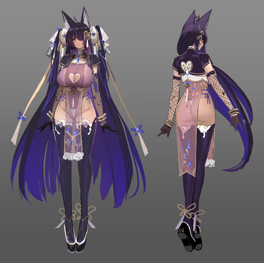 1girl absurdres alternate_costume animal_ears azur_lane back bangs black_gloves bracelet braid breasts brown_eyes china_dress chinese_clothes cleavage cleavage_cutout clothing_cutout coin_hair_ornament dishwasher1910 dress facial_mark fishnets fox_ears fox_girl fox_tail full_body gloves gold_trim hair_ornament half_gloves highleg highres jewelry kitsune large_breasts long_hair looking_at_viewer multiple_views musashi_(azur_lane) parted_lips pelvic_curtain pendant platform_footwear purple_dress purple_hair purple_thighhighs reference_sheet see-through short_sleeves solo tail thighhighs twin_braids twintails very_long_hair whisker_markings