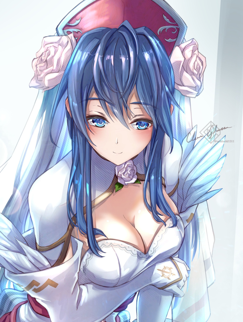 1girl absurdres bangs blue_eyes blue_hair breasts bridal_veil bride clear_glass_(mildmild1311) cleavage cropped detached_sleeves fire_emblem fire_emblem:_the_binding_blade fire_emblem_heroes flower flower_brooch gloves gold_trim hair_flower hair_ornament highres lilina_(fire_emblem) long_hair medium_breasts official_alternate_costume red_headwear rose smile solo veil watermark white_flower white_gloves white_rose