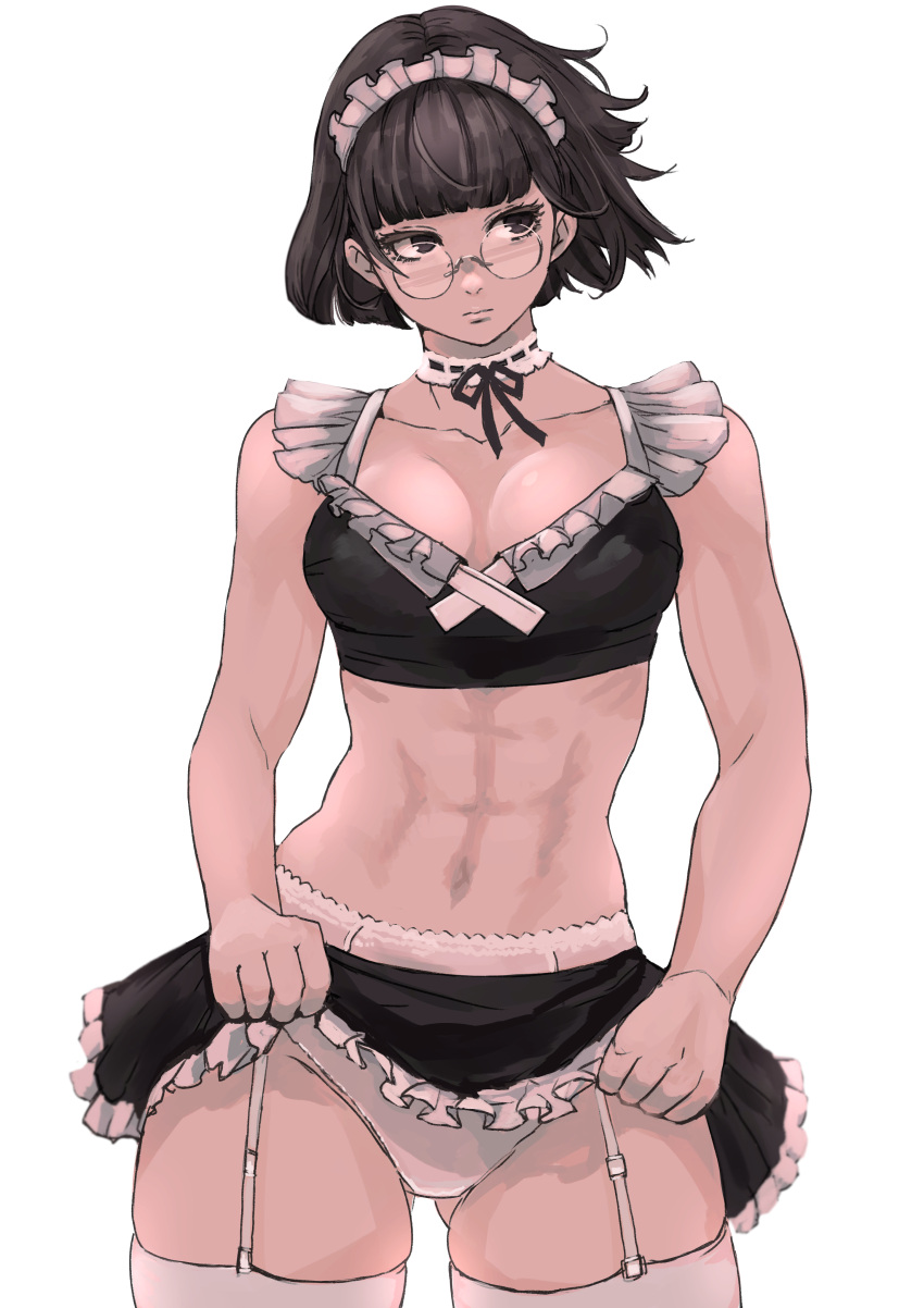 1girl 6maker abs absurdres black_hair black_skirt black_tank_top breasts clothes_lift cowboy_shot crop_top glasses highres looking_away looking_to_the_side maid maid_headdress muscular muscular_female navel original pleated_skirt short_hair simple_background skirt skirt_lift solo tank_top thigh_strap thighhighs thighs white_background