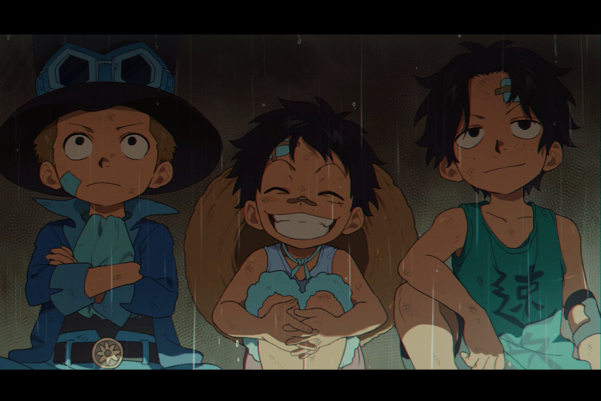 3boys aged_down bandaid bandaid_on_cheek bandaid_on_face bandaid_on_forehead bandaid_on_nose bare_shoulders belt black_hair blonde_hair brothers crossed_arms freckles goggles goggles_on_headwear grin hat highres male_child male_focus monkey_d._luffy multiple_boys one_piece portgas_d._ace qin_(7833198) rain sabo_(one_piece) scar scar_on_cheek scar_on_face shirt siblings sitting sleeveless smile straw_hat water_drop