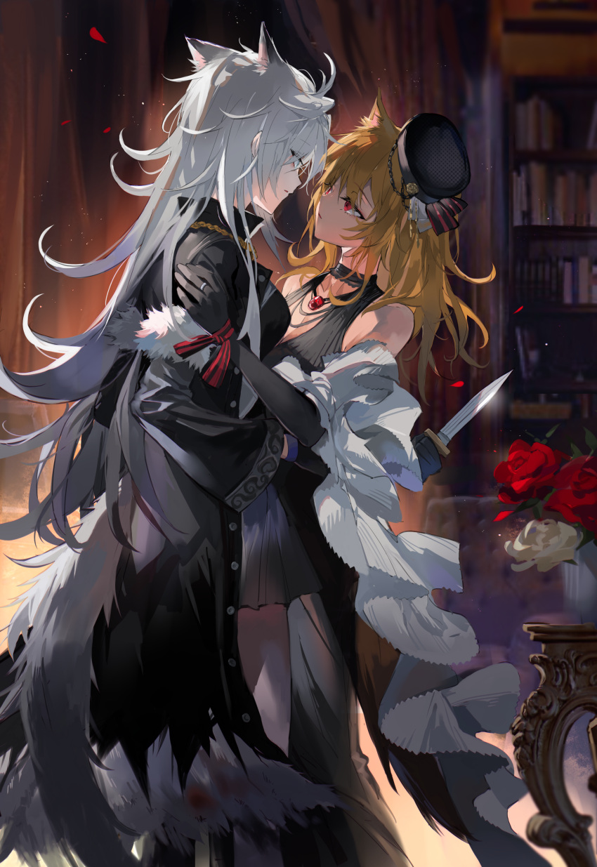 2girls absurdres animal_ears arknights bare_shoulders black_choker black_coat black_dress black_gloves black_headwear blonde_hair bookshelf choker coat commentary dress elbow_gloves extra_ears eye_contact face-to-face flower gloves grey_hair hand_on_another's_shoulder hat highres holding holding_knife indoors jewelry knife lappland_(arknights) lappland_(refined_horrormare)_(arknights) long_hair looking_at_another meng_ziya messy_hair multiple_girls official_alternate_costume red_eyes ring rose sora_(arknights) sora_(melodiosa)_(arknights) standing symbol-only_commentary tail wolf_ears wolf_girl wolf_tail yuri