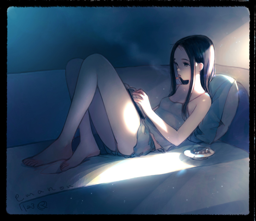 1girl ashtray barefoot black_hair breasts camisole cigarette emanon_(character) freckles highres indoors kokudou_juunigou long_hair memories_of_emanon reading reclining revision short_shorts shorts small_breasts smoking