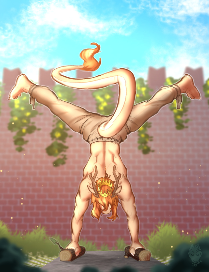 absurd_res anthro antlers athletic athletic_anthro athletic_male back_muscles balancing barefoot biceps bottomwear calisthenics castle claws clothing crown day dragon exercise feet focused hair handstand hi_res horn log long_hair male mane meadow medieval muscular muscular_anthro muscular_male pants parallel_bars peyotethehyena plant prince_borgon royalty shirtless shrub sketch sky solo story story_in_description tail_tuft training tuft upside_down wall_(structure) wood