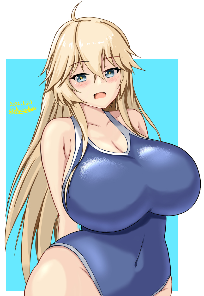 1girl blonde_hair blue_eyes blue_one-piece_swimsuit breasts competition_swimsuit hair_between_eyes highres huge_breasts impossible_clothes impossible_swimsuit iowa_(kancolle) kantai_collection large_breasts montemasa one-piece_swimsuit solo star-shaped_pupils star_(symbol) swimsuit symbol-shaped_pupils