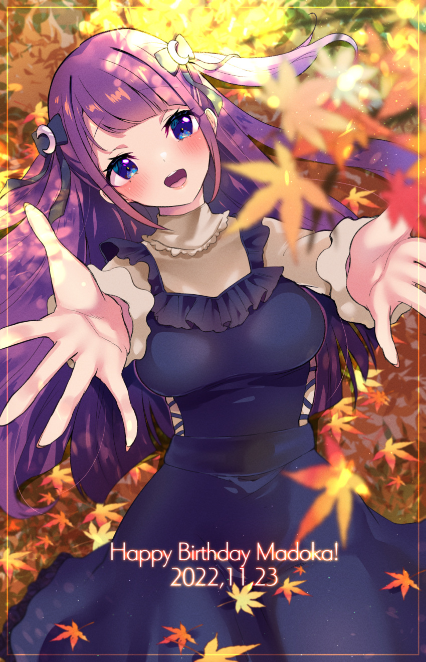 1girl alternate_breast_size autumn_leaves birthday black_dress bow breasts crescent dated dress frilled_shirt frills hair_bow happy_birthday highres imminent_hug kaguya_madoka long_sleeves medium_breasts mikorin open_mouth precure purple_eyes purple_hair purple_ribbon ribbon shirt sleeveless sleeveless_dress solo star_twinkle_precure yellow_shirt