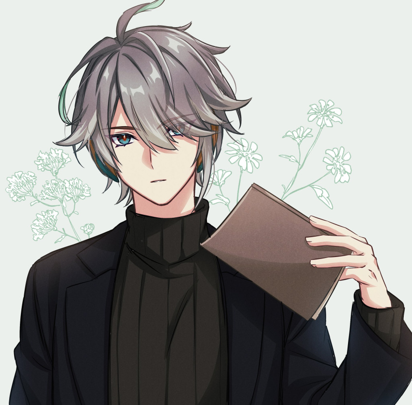 1boy ahoge alhaitham_(genshin_impact) alternate_costume bangs black_jacket book brown_sweater casual commentary_request contemporary expressionless eyes_visible_through_hair flower genshin_impact green_eyes green_hair grey_background grey_hair hair_over_one_eye hand_up highres holding holding_book jacket lapels long_sleeves looking_at_viewer male_focus multicolored_hair open_clothes open_jacket parted_bangs parted_lips pochimaru_(marumaru_wanwan) short_hair sidelocks simple_background solo sweater swept_bangs turtleneck turtleneck_sweater upper_body
