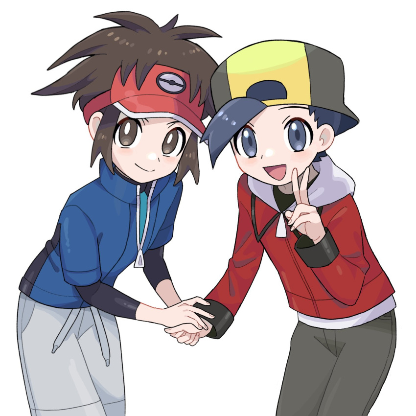 2boys :d backwards_hat baseball_cap black_hair blue_jacket bright_pupils brown_eyes brown_hair commentary_request ethan_(pokemon) grey_eyes grey_pants hand_up hat highres holding_hands jacket leaning_forward looking_at_viewer male_focus multiple_boys nate_(pokemon) open_mouth pants pokemon pokemon_(game) pokemon_bw2 pokemon_hgss red_headwear red_jacket sana_(37pisana) short_hair smile v visor_cap white_background white_pupils zipper_pull_tab