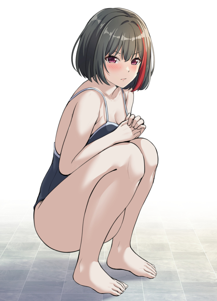 1girl absurdres armpit_crease bang_dream! bangs bare_arms bare_legs bare_shoulders barefoot black_hair black_one-piece_swimsuit blush breasts cleavage closed_mouth collarbone commentary_request from_side hair_between_eyes hands_up highres looking_at_viewer medium_breasts mitake_ran multicolored_hair pink_eyes ptal red_hair school_swimsuit solo squatting streaked_hair swimsuit tile_floor tiles two-tone_hair v-shaped_eyebrows white_background