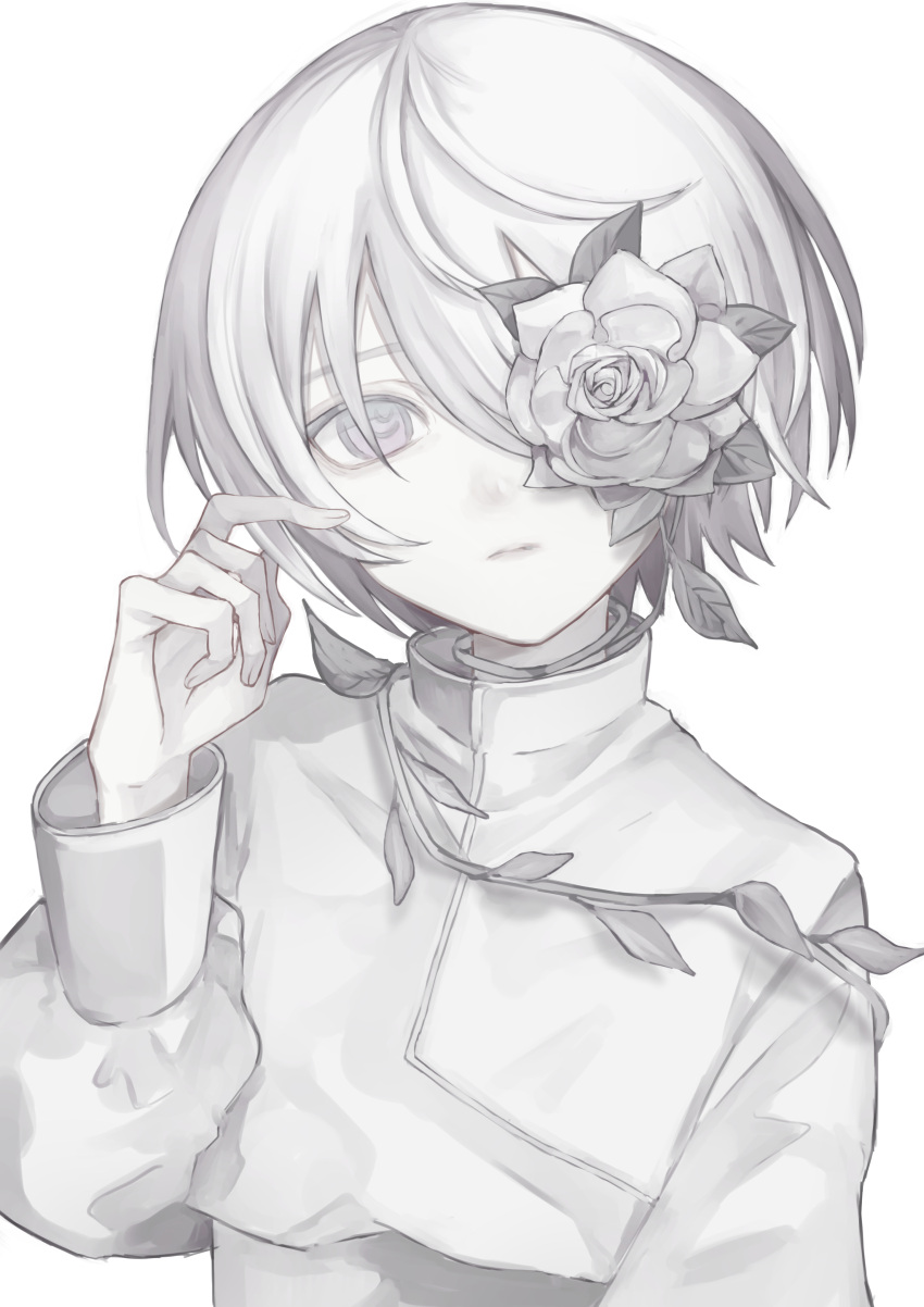 1boy absurdres closed_mouth eyepatch flower flower_eyepatch highres long_sleeves looking_at_viewer male_focus original shirt short_hair solo white_background white_eyes white_flower white_hair white_shirt white_theme ylu