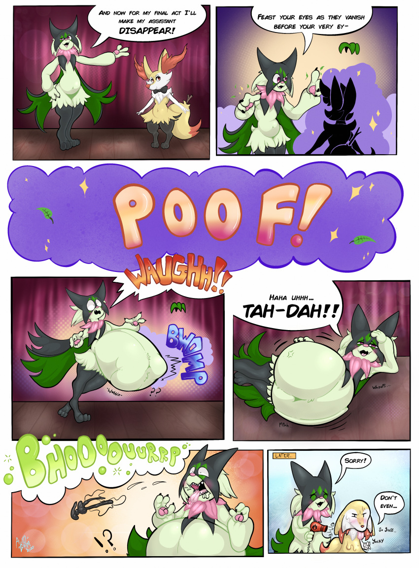 abdominal_bulge absurd_res ambiguous_gender anthro awoogasm belly big_belly blush bodily_fluids braixen burping comic digital_media_(artwork) duo english_text generation_6_pokemon green_body hi_res inner_ear_fluff magic magician mask meowscarada nintendo onomatopoeia open_mouth oral_vore pokemon pokemon_(species) rumbling_stomach saliva smile sound_effects speech_bubble text tongue tuft video_games vore white_body yellow_body