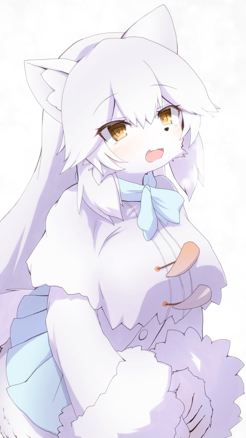 9:16 abstract_background absurd_res alternate_species alternate_version_at_source anthro arctic_fox arctic_fox_(kemono_friends) arm_tuft bottomwear breasts canid canine cheek_tuft clothed clothing crouching facial_tuft female fox fur furrification hair hi_res kemono kemono_friends mammal meronu open_mouth shawl shirt skirt solo topwear tuft white_body white_fur white_hair wrist_tuft yellow_eyes