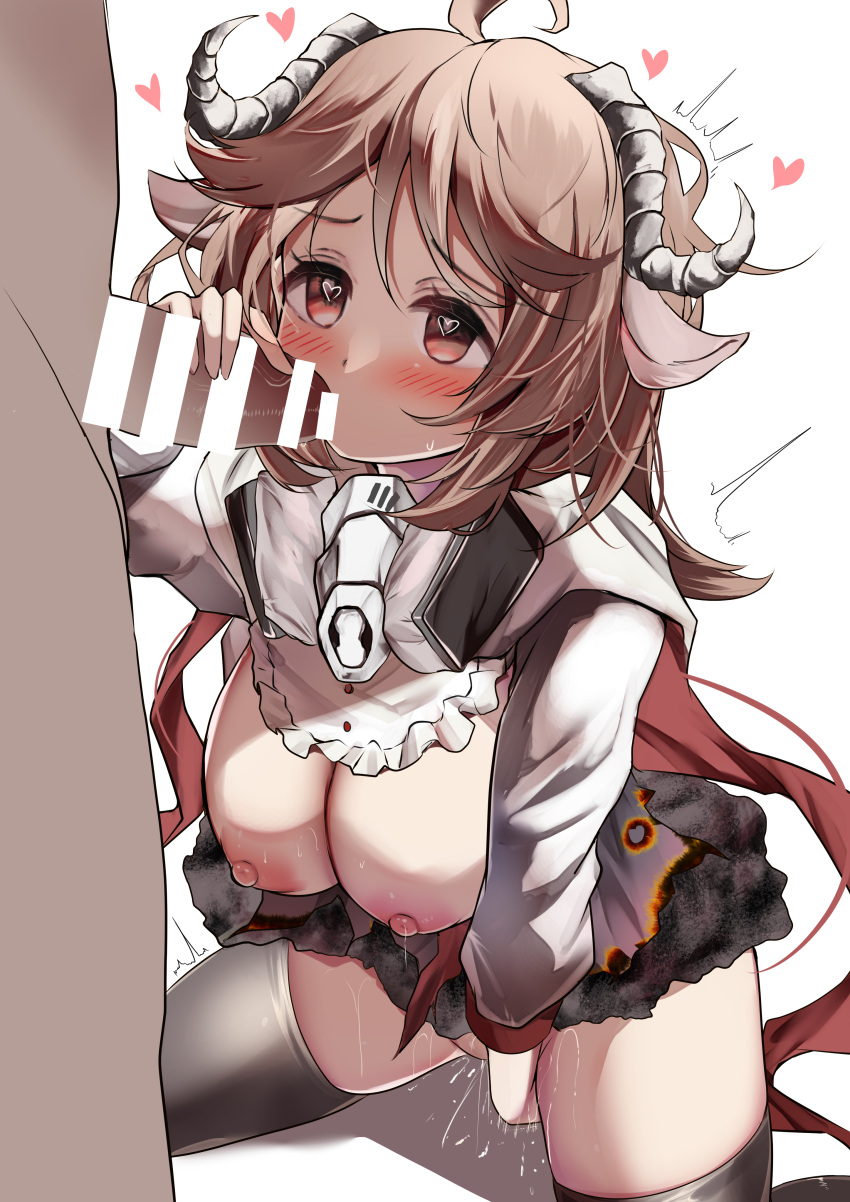 1boy 1girl absurdres animal_ears arknights bar_censor black_thighhighs blush breasts breasts_out brown_hair burnt_clothes censored ear_protection eyjafjalla_(arknights) fellatio frilled_shirt_collar frills heart heart-shaped_pupils hetero highres horns kneeling kokihanada large_breasts long_hair long_sleeves nipples no_panties oral penis pussy_juice red_eyes sheep_ears sheep_girl sheep_horns simple_background solo_focus spread_legs symbol-shaped_pupils thighhighs white_background