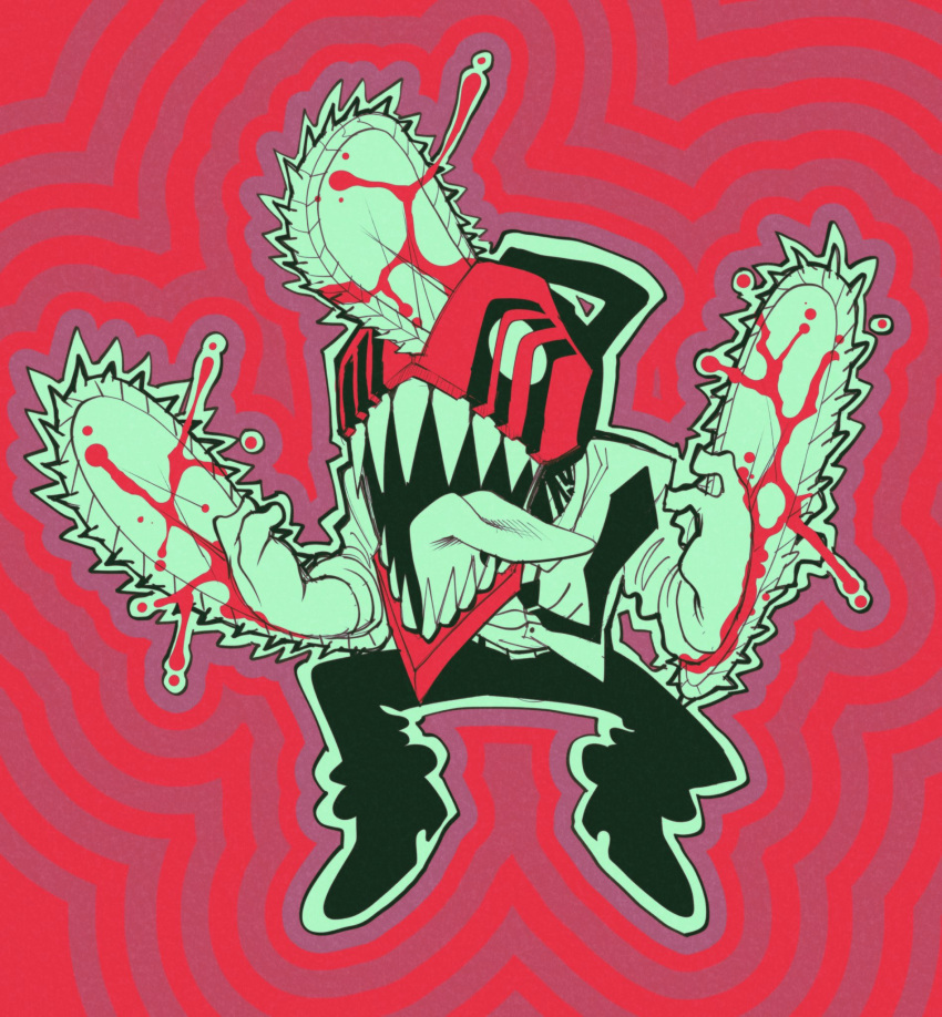 1boy black_necktie black_pants blood blood_on_weapon chainsaw chainsaw_man collared_shirt denji_(chainsaw_man) highres ianoquinnzel necktie open_mouth outline pants red_background red_outline red_theme sharp_teeth shirt solo teeth tongue tongue_out weapon white_shirt