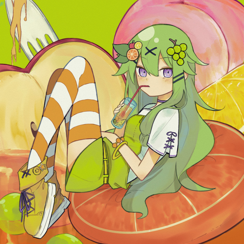 1girl absurdres apple choker commentary_request cup dress drinking_glass drinking_straw food food-themed_hair_ornament fork fruit grape_hair_ornament grapes green_dress green_hair hadu_oekaki hair_ornament highres holding holding_cup kusanagi_nene lemon lemon_hair_ornament long_hair looking_at_viewer low-tied_long_hair lying on_back orange_hair_ornament peach project_sekai purple_choker purple_eyes shirt shoes sneakers solo striped striped_thighhighs thighhighs very_long_hair white_shirt yellow_footwear