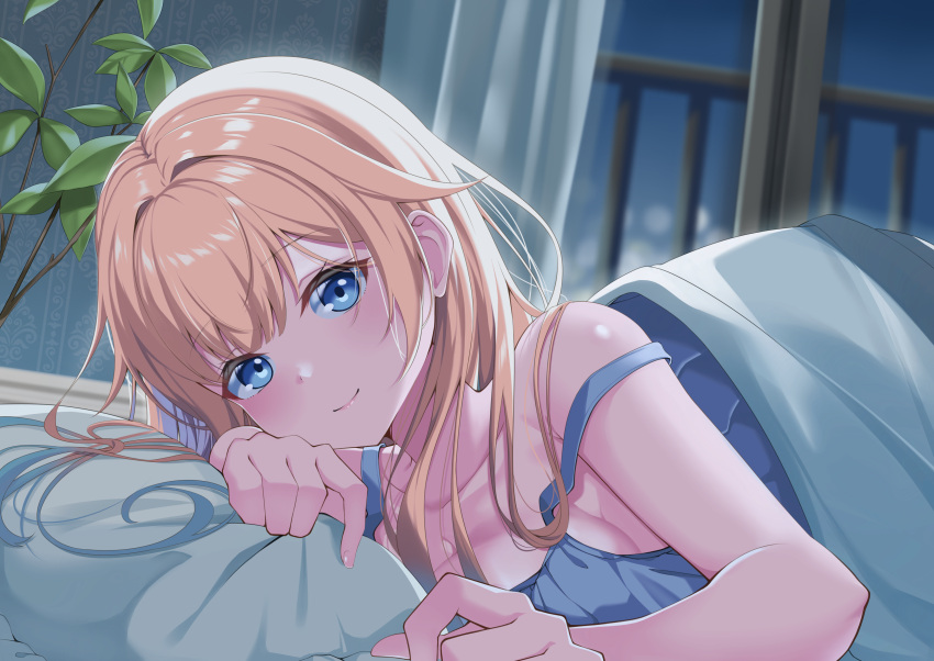 1girl absurdres aizawa_ema bed blonde_hair blue_eyes collarbone commentary curtains gekka_(luna_gekka) hair_intakes highres long_hair looking_at_viewer lying night nightgown on_stomach pillow plant smile solo strap_slip virtual_youtuber vspo! window