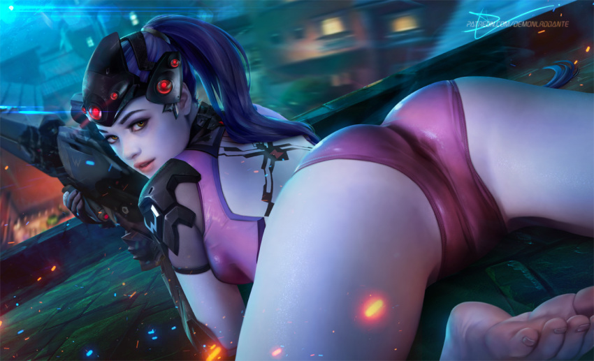 1girl ass backless_outfit barefoot blue_skin bodysuit breasts cameltoe colored_skin demonlorddante gloves goggles gun hair_ornament holding holding_gun holding_weapon hot long_hair looking_at_viewer looking_back overwatch purple_hair skin_tight solo underwear weapon widowmaker_(overwatch)