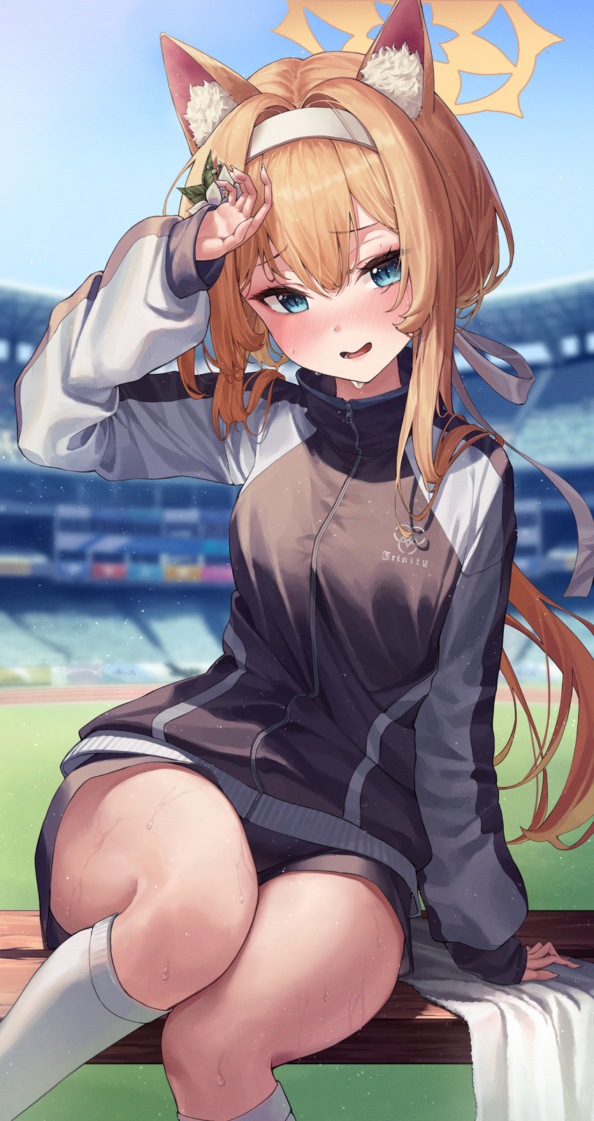 1girl absurdres animal_ear_fluff animal_ears arm_support bangs blue_archive blue_eyes blurry blurry_background blush breasts depth_of_field gym_uniform hairband highres jacket kneehighs long_hair long_sleeves looking_at_viewer mari_(blue_archive) mari_(gym_uniform)_(blue_archive) open_mouth ribbon shorts sitting socks solo sweat tem thighs